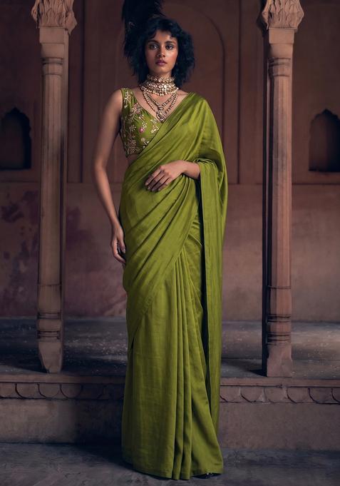 Olive Green Embroidered Handwork Silk Blend Pre Draped Saree Set