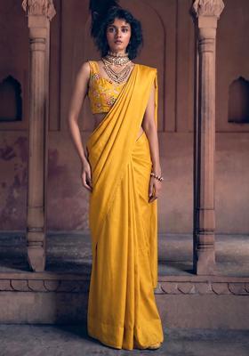 Turmeric Embroidered Crepe Pre Draped Saree Set