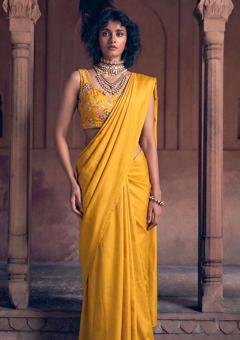 Turmeric Embroidered Crepe Pre Draped Saree Set - Indya