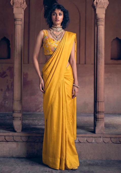 Turmeric Embroidered Handwork Silk Blend Pre Draped Saree Set
