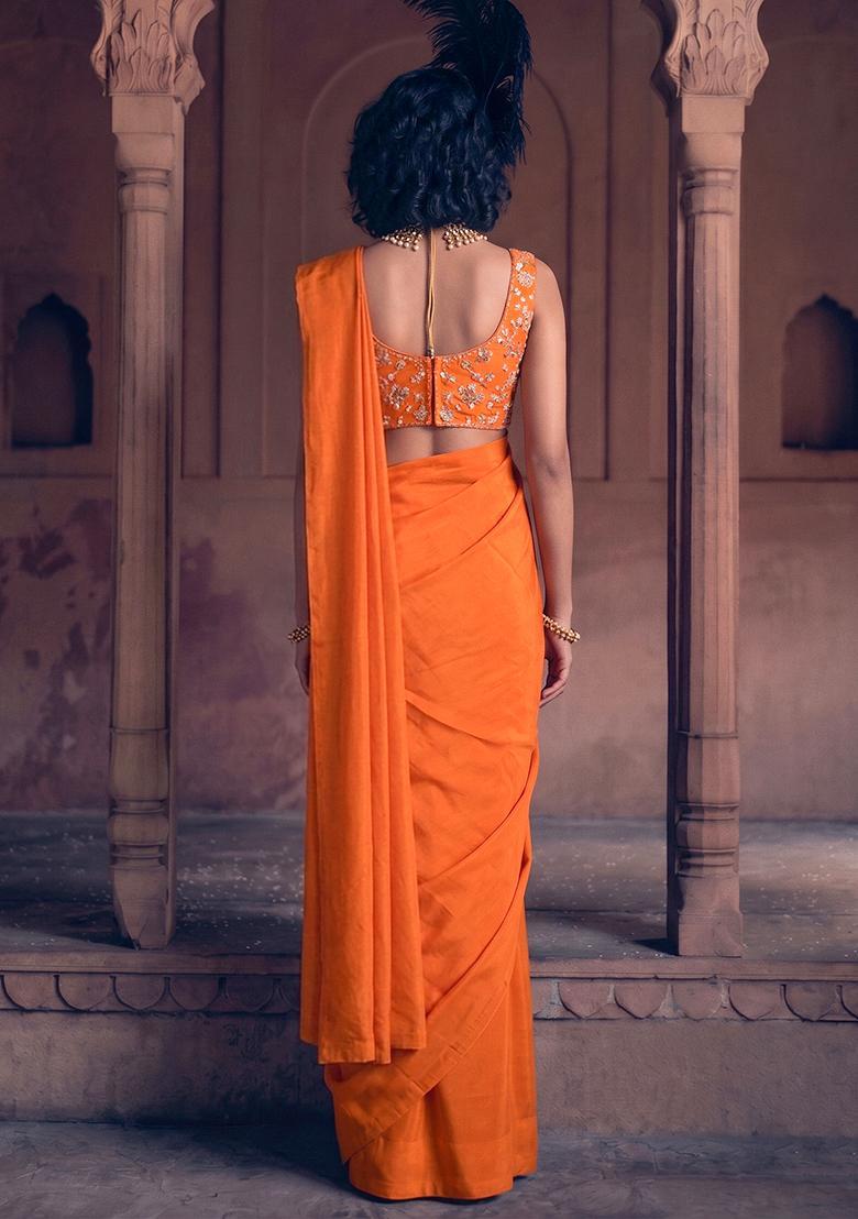 Bright Orange Embroidered Crepe Pre Draped Saree Set - Indya