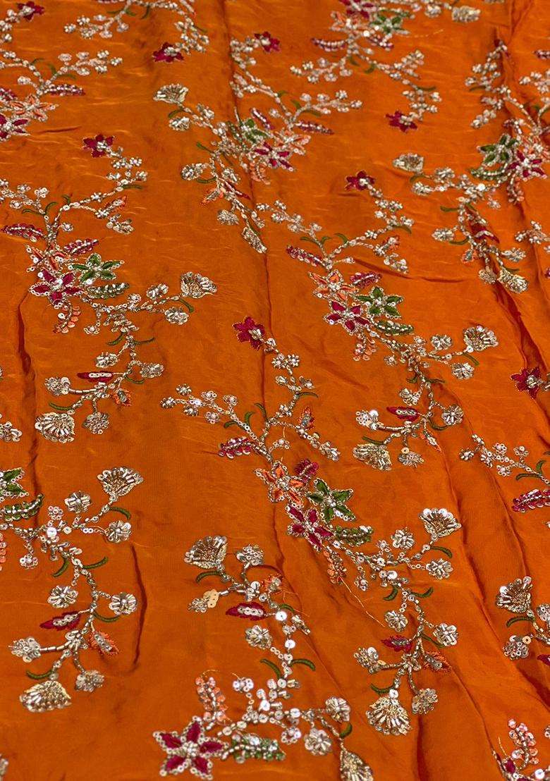 Bright Orange Embroidered Crepe Pre Draped Saree Set - Indya