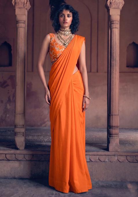 Bright Orange Embroidered Handwork Silk Blend Pre Draped Saree Set