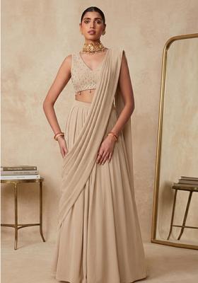 Beige Embroidered Handwork Pre Draped Saree Set