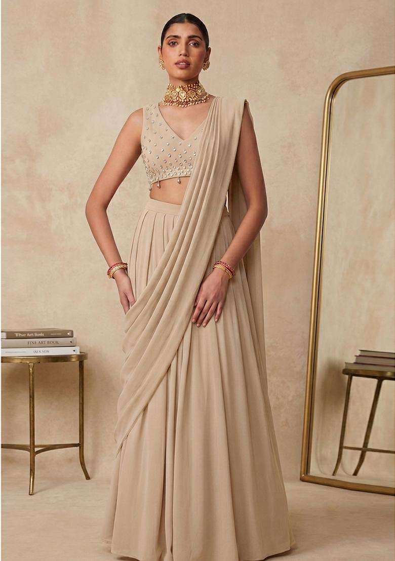 Beige Embroidered Handwork Pre Draped Saree Set - Indya