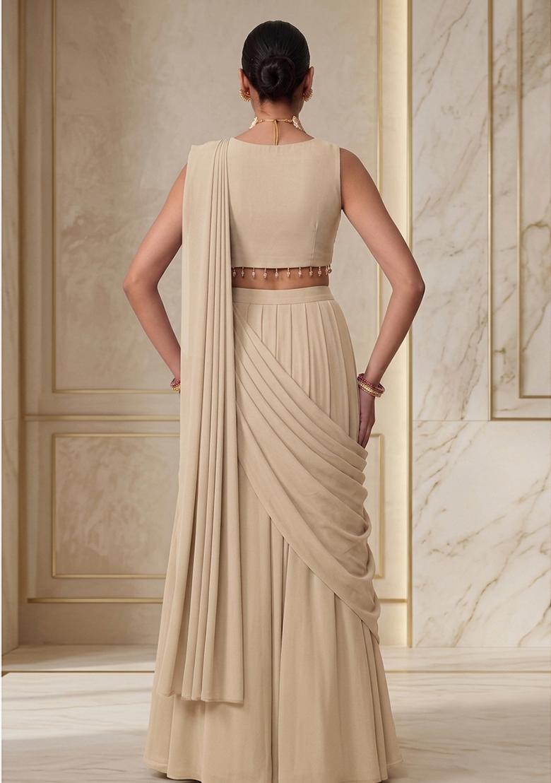 Beige Embroidered Handwork Pre Draped Saree Set - Indya