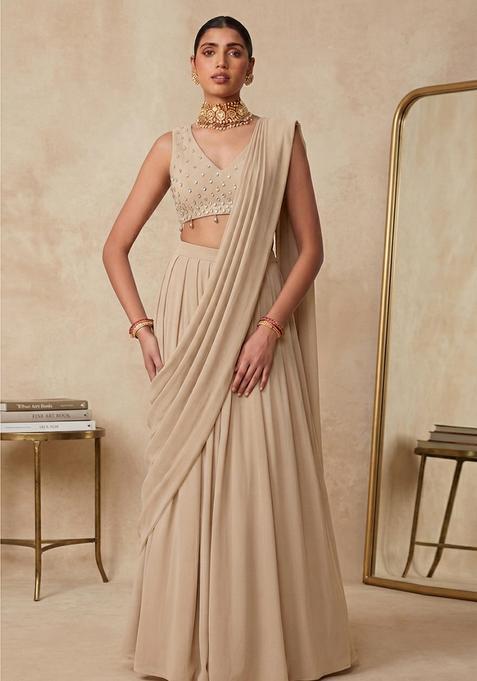 Beige Georgette Handwork Pre Draped Saree Set