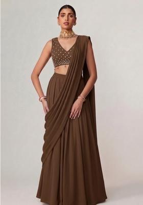 Brown Embroidered Handwork Pre Draped Saree Set