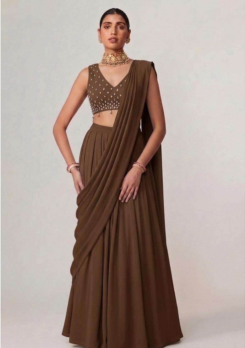 Brown Embroidered Handwork Pre Draped Saree Set - Indya