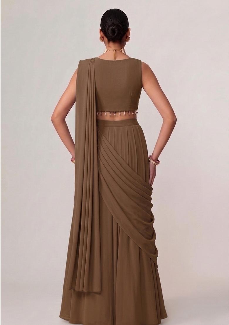 Brown Embroidered Handwork Pre Draped Saree Set - Indya
