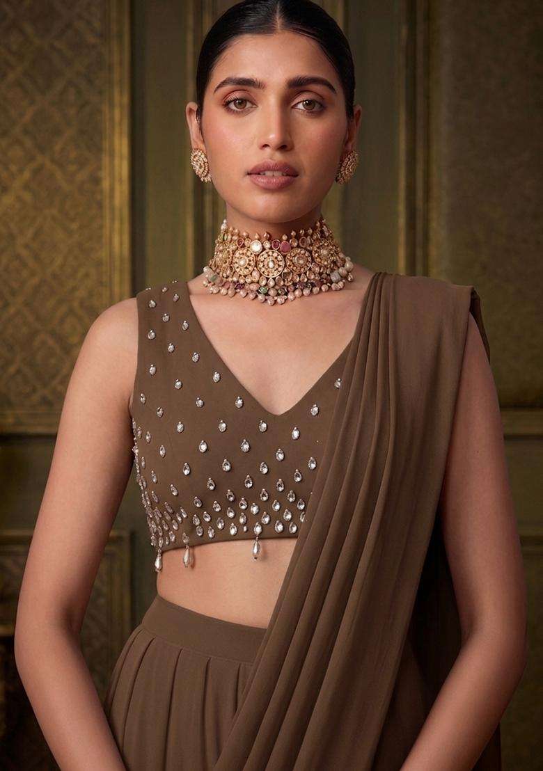 Brown Embroidered Handwork Pre Draped Saree Set - Indya