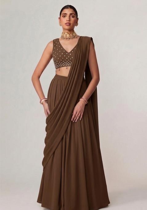 Brown Georgette Handwork Pre Draped Saree Set