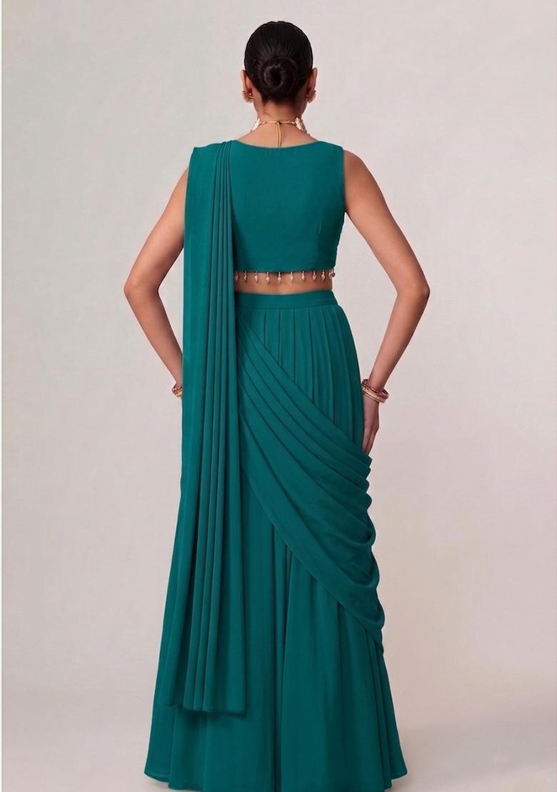 Peacock Teal Embroidered Handwork Pre Draped Saree Set - Indya