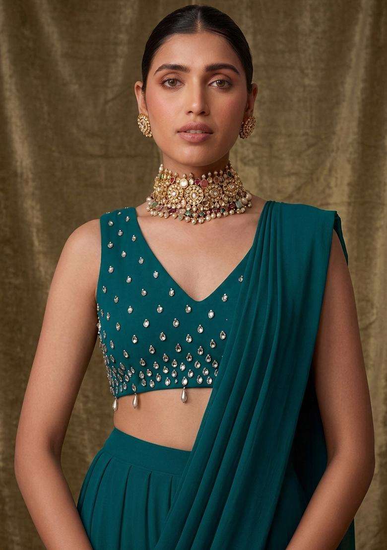 Peacock Teal Embroidered Handwork Pre Draped Saree Set - Indya