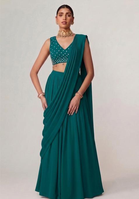 Peacock Teal Georgette Handwork Pre Draped Saree Set