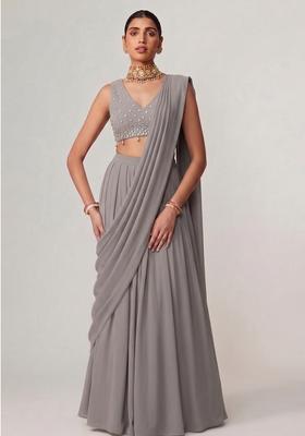 Silver Grey Embroidered Handwork Pre Draped Saree Set
