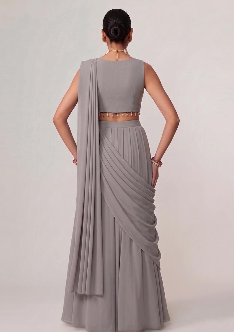 Silver Grey Embroidered Handwork Pre Draped Saree Set - Indya