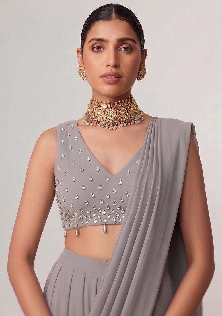 Silver Grey Embroidered Handwork Pre Draped Saree Set - Indya