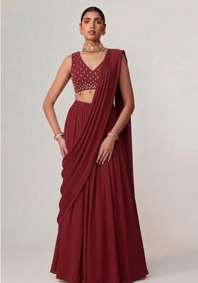 Deep Maroon Embroidered Handwork Pre Draped Saree Set