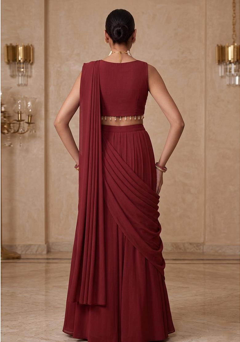 Deep Maroon Embroidered Handwork Pre Draped Saree Set - Indya