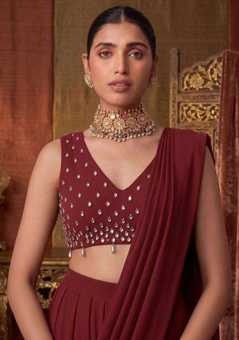 Deep Maroon Embroidered Handwork Pre Draped Saree Set - Indya