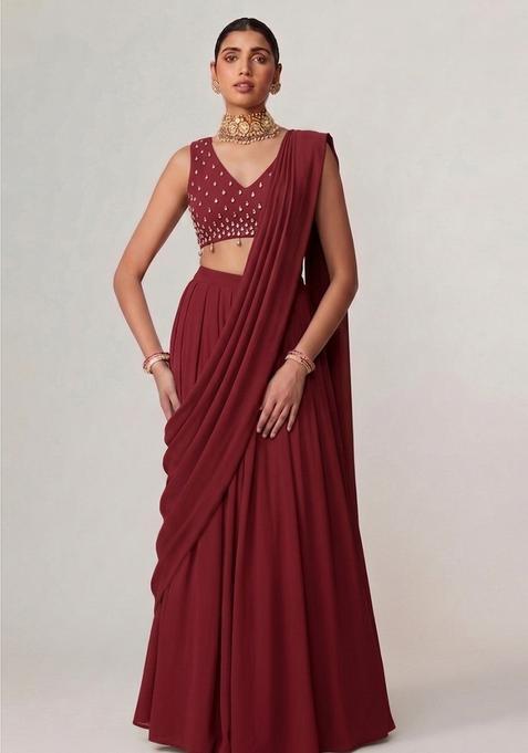 Deep Maroon Georgette Handwork Pre Draped Saree Set