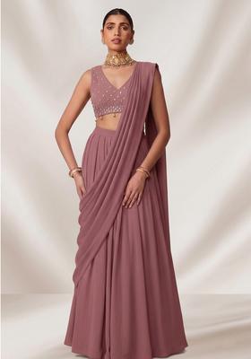 Mauve Embroidered Handwork Pre Draped Saree Set