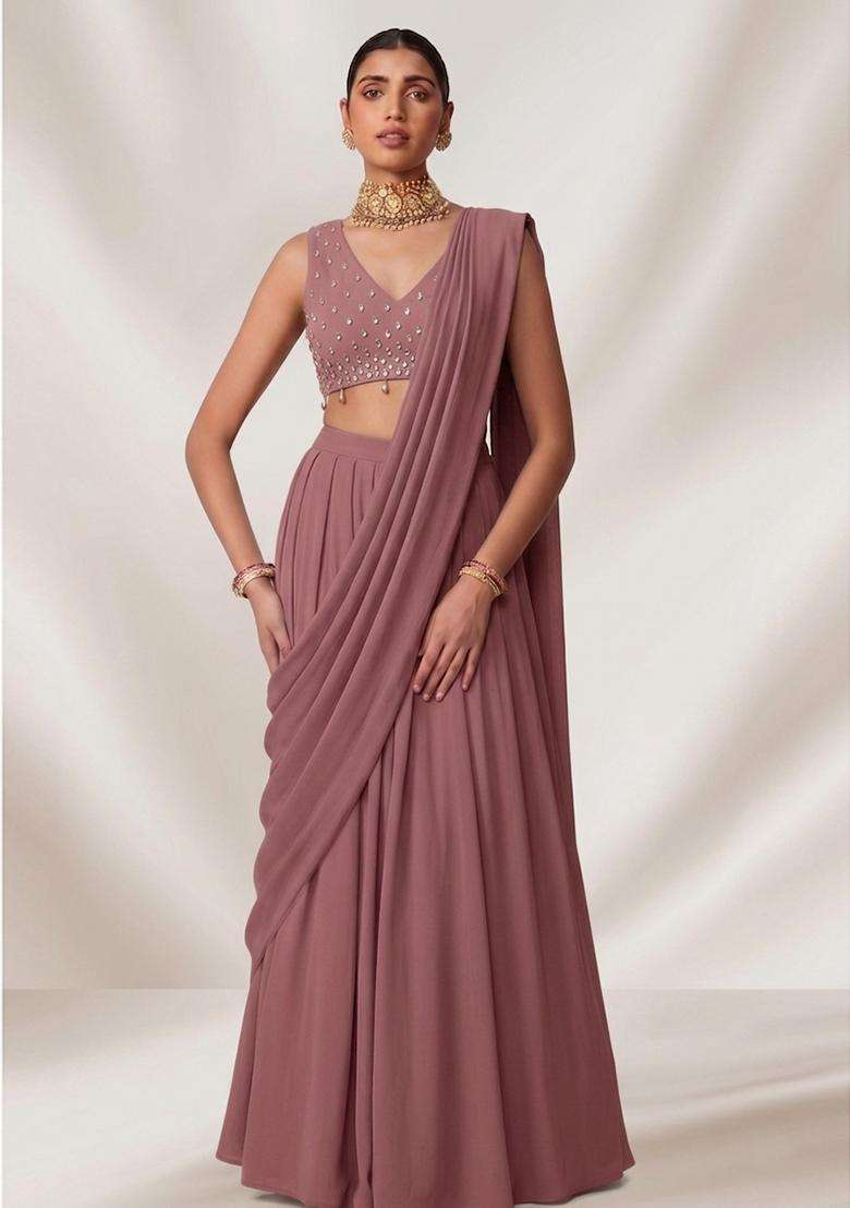Mauve Embroidered Handwork Pre Draped Saree Set - Indya