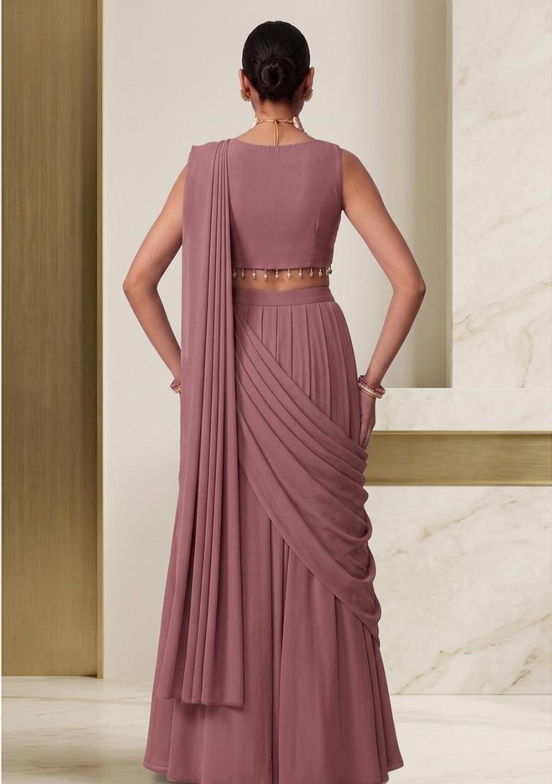 Mauve Embroidered Handwork Pre Draped Saree Set - Indya
