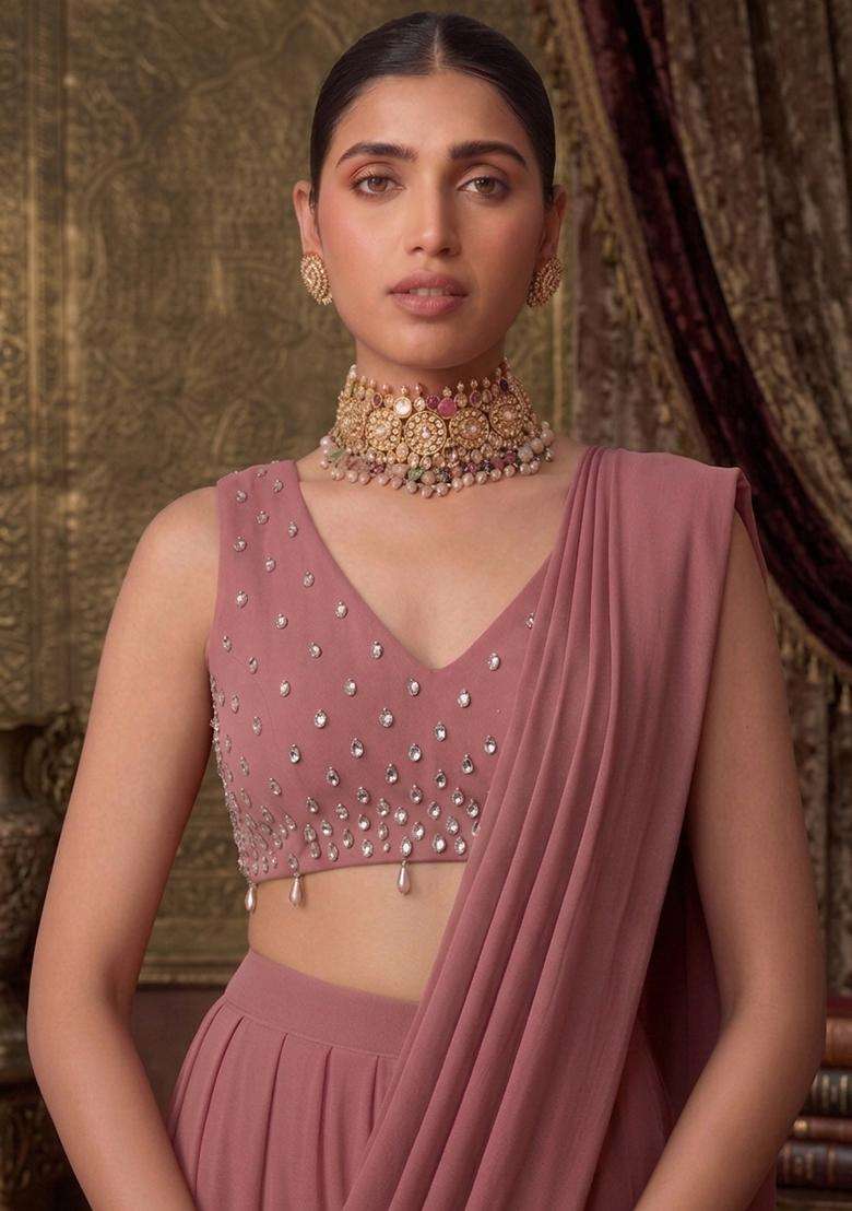 Mauve Embroidered Handwork Pre Draped Saree Set - Indya