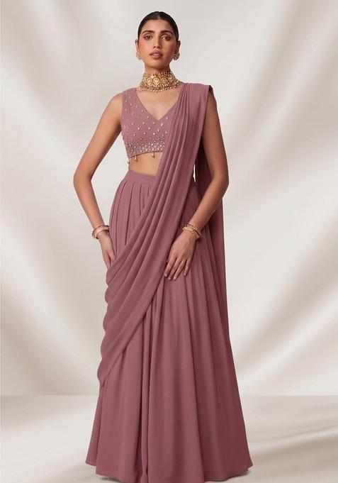 Mauve Crepe Handwork Pre Draped Saree Set