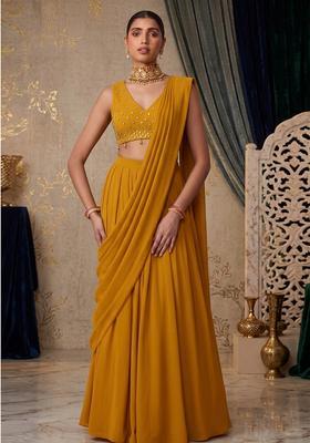 Mustard Embroidered Handwork Pre Draped Saree Set