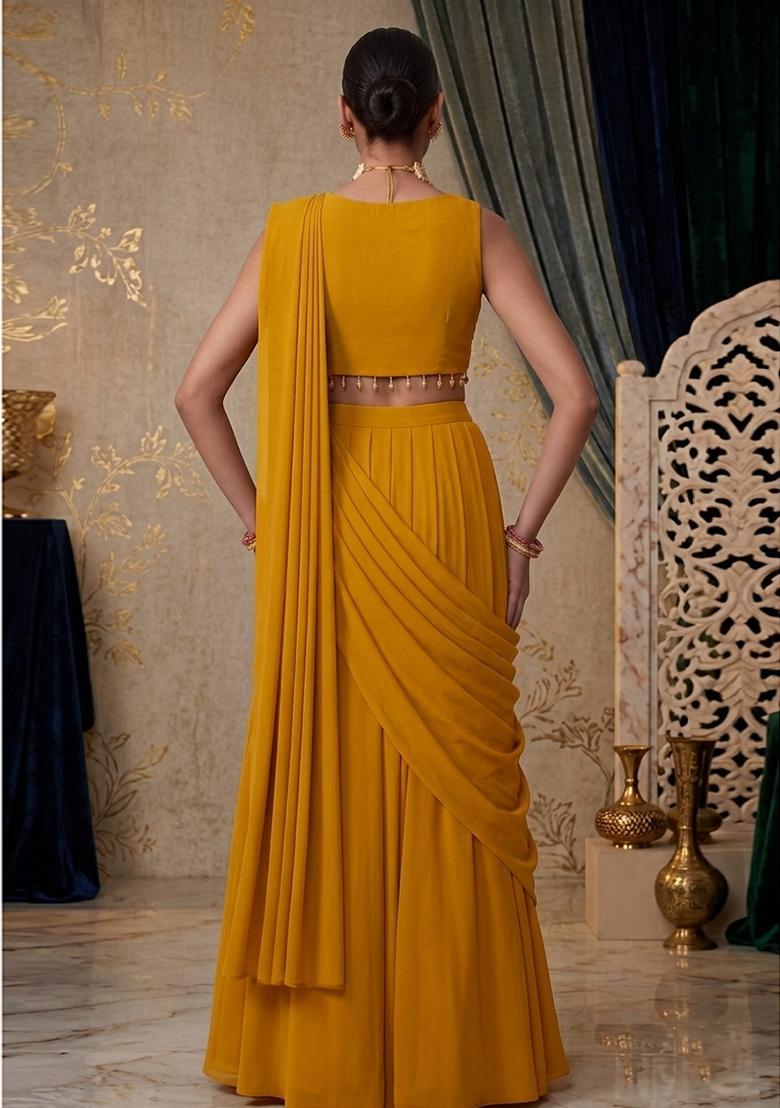Mustard Embroidered Handwork Pre Draped Saree Set - Indya