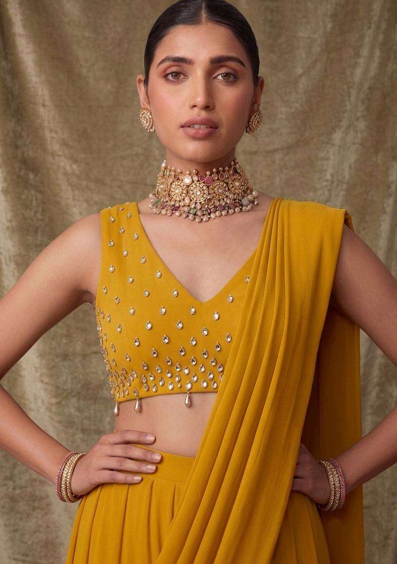 Mustard Embroidered Handwork Pre Draped Saree Set - Indya