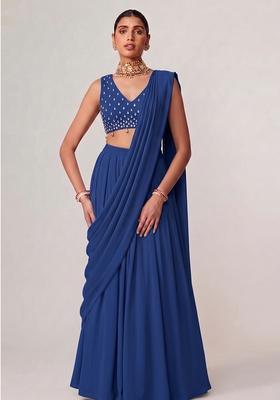 Royal Blue Embroidered Handwork Pre Draped Saree Set