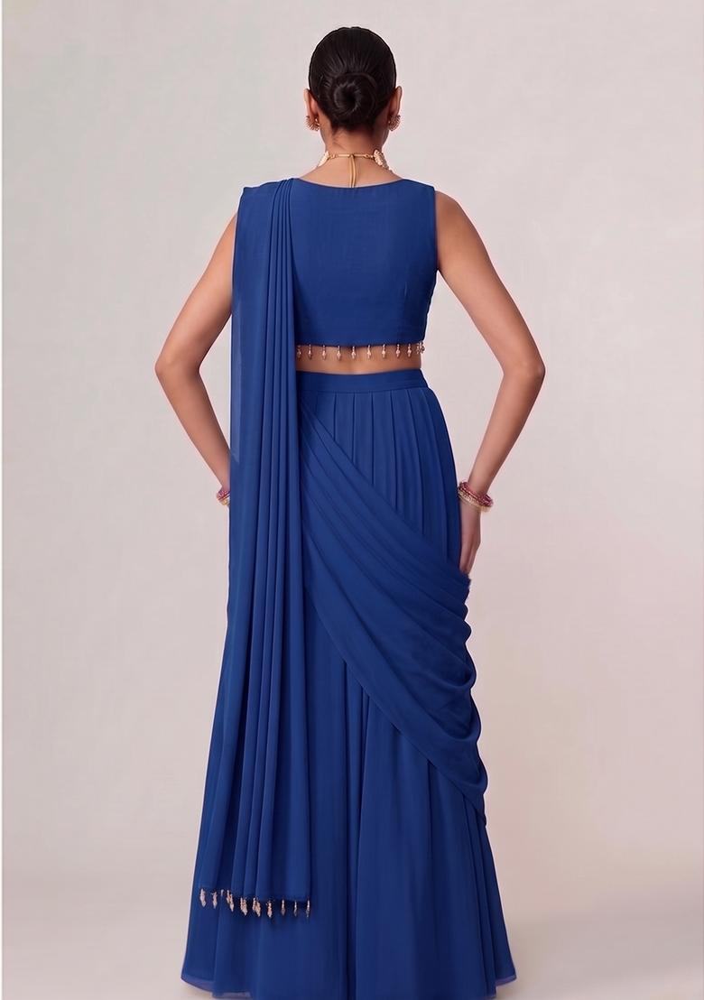 Royal Blue Embroidered Handwork Pre Draped Saree Set - Indya