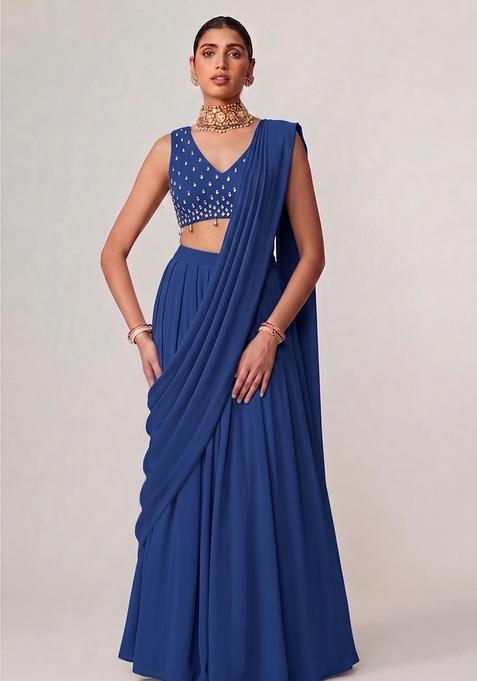 Royal Blue Georgette Handwork Pre Draped Saree Set
