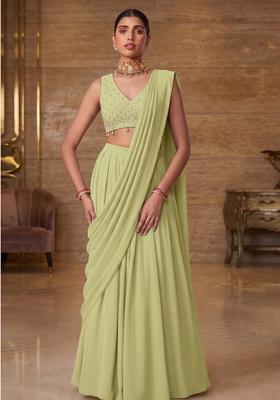 Pista Green Embroidered Handwork Pre Draped Saree Set