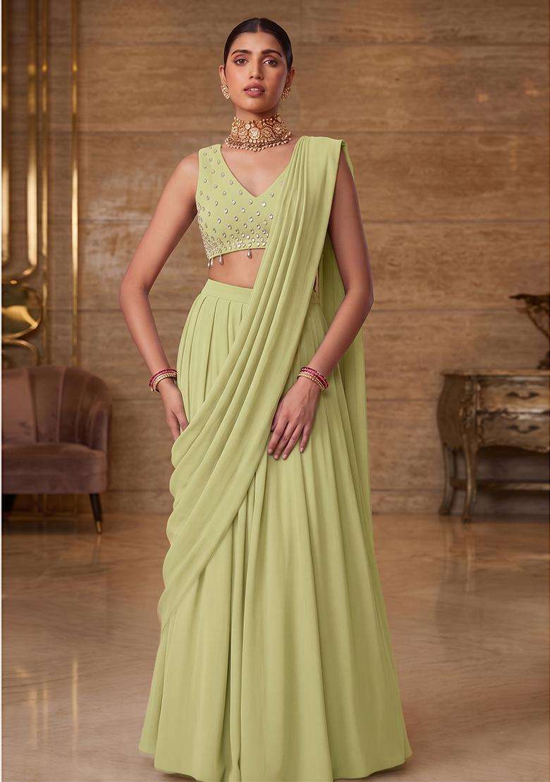 Pista Green Embroidered Handwork Pre Draped Saree Set - Indya