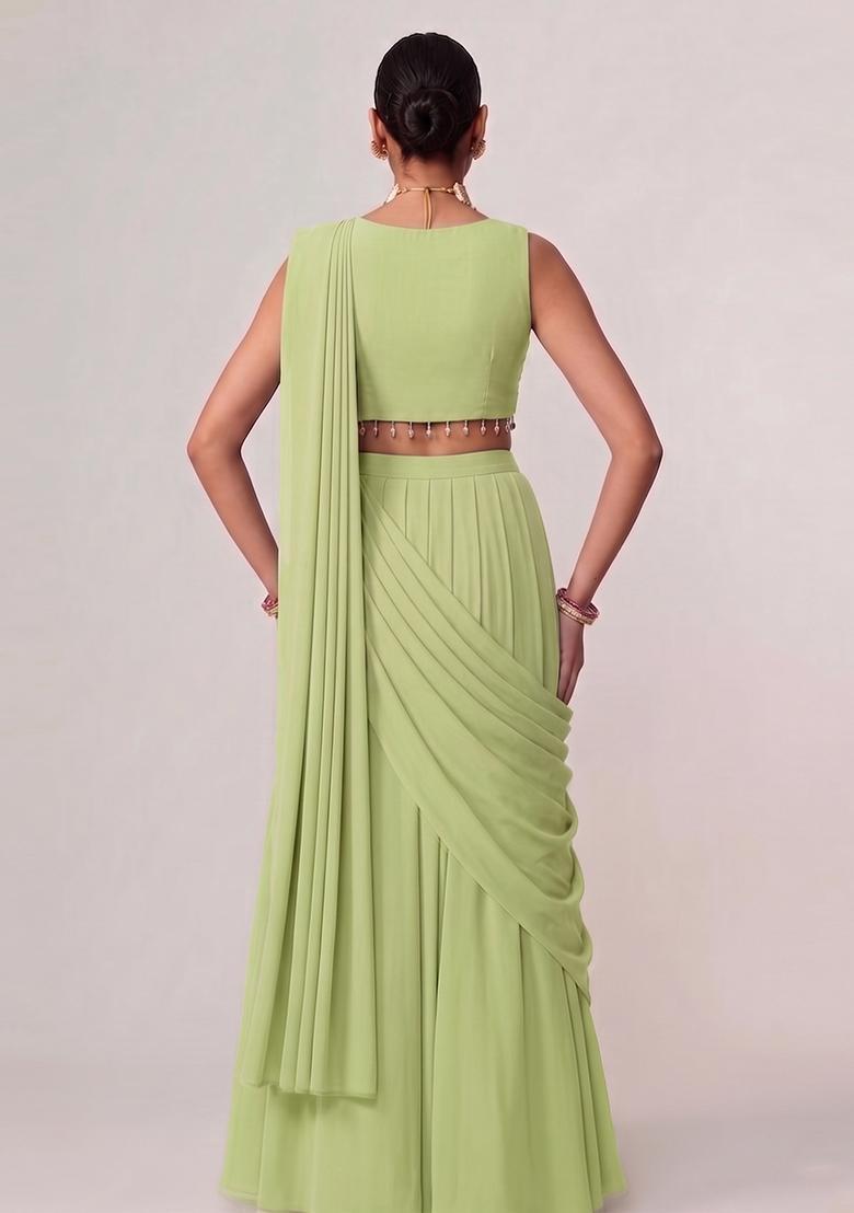 Pista Green Embroidered Handwork Pre Draped Saree Set - Indya