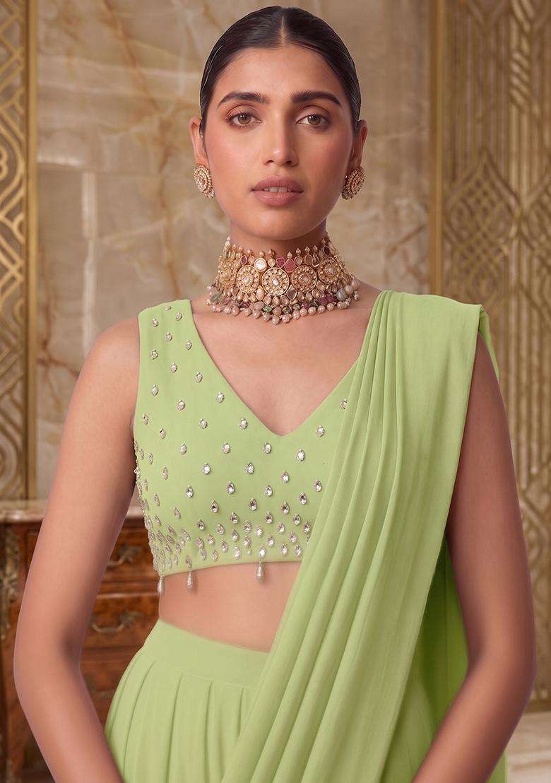 Pista Green Embroidered Handwork Pre Draped Saree Set - Indya
