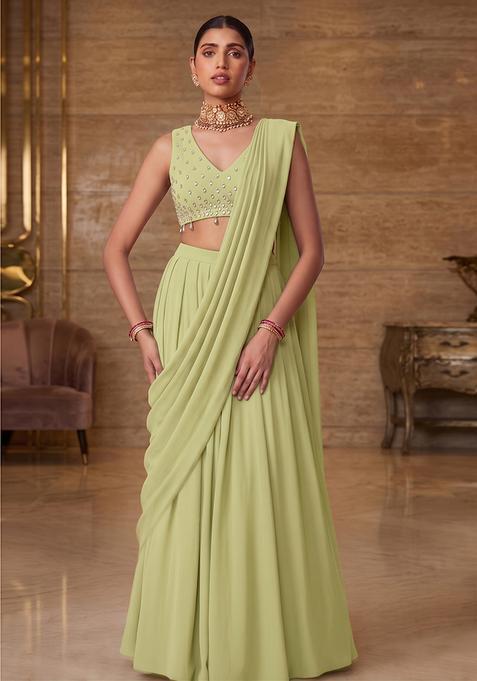 Pista Green Crepe Handwork Pre Draped Saree Set