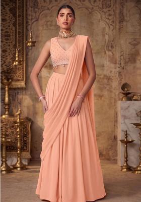 Peach Mousse Embroidered Handwork Pre Draped Saree Set