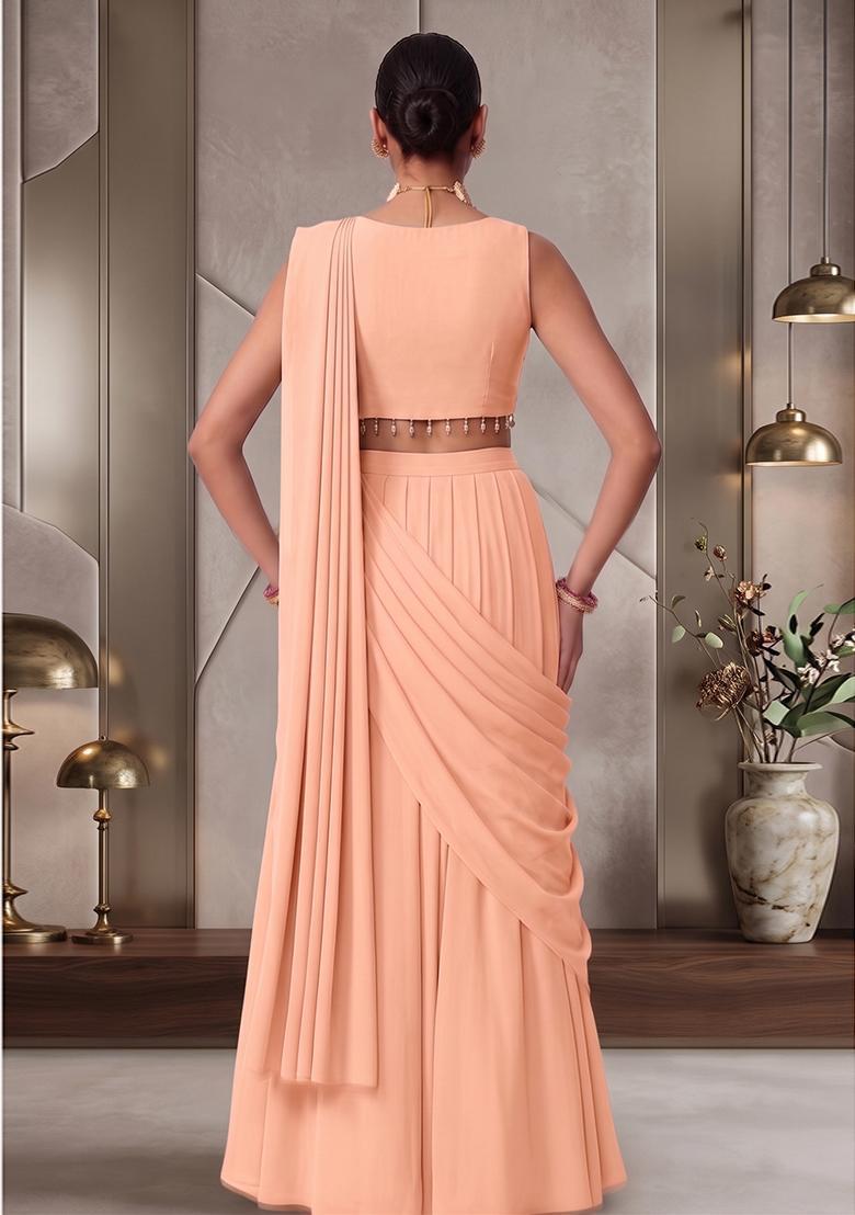 Peach Mousse Embroidered Handwork Pre Draped Saree Set - Indya