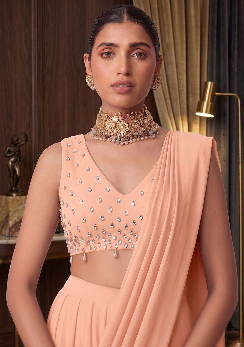 Peach Mousse Embroidered Handwork Pre Draped Saree Set - Indya