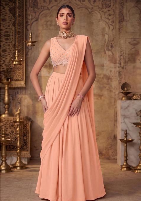 Peach Mousse Crepe Handwork Pre Draped Saree Set