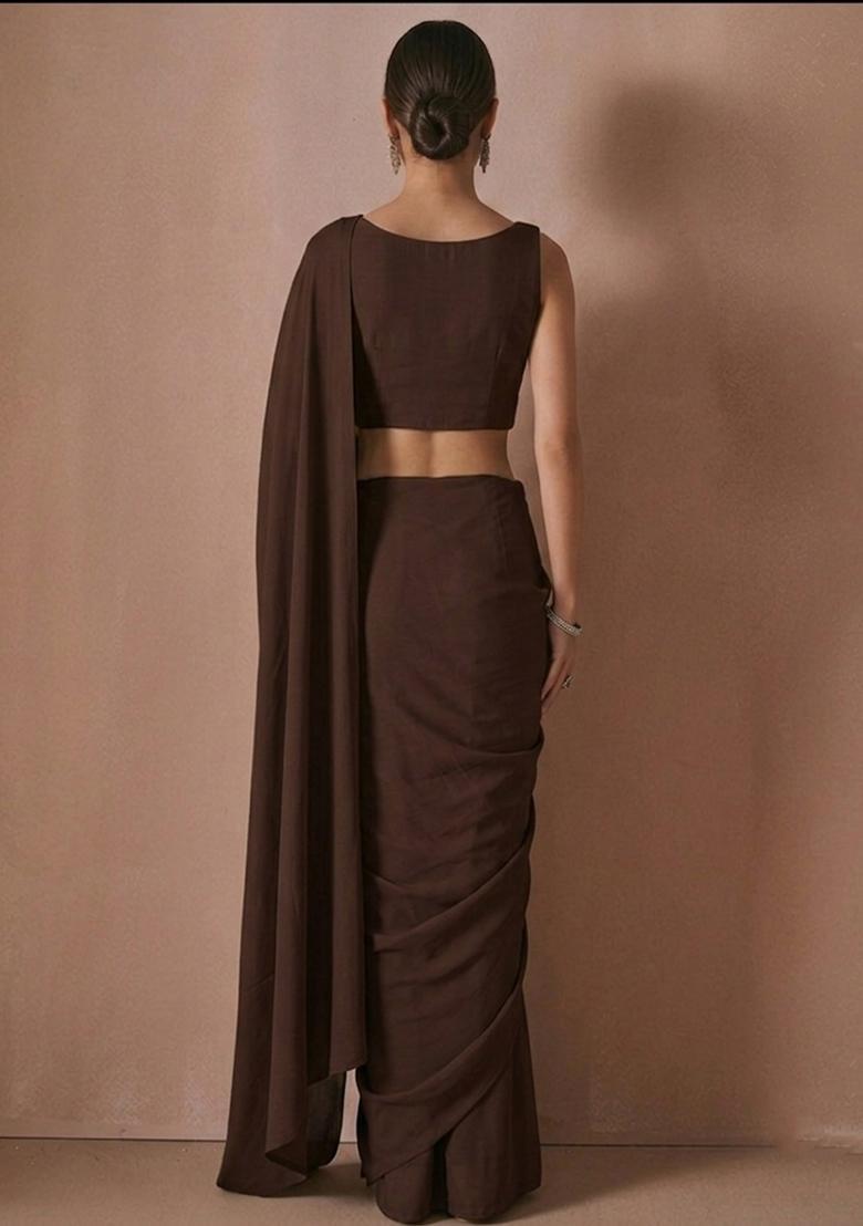Chocolate Brown Embroidered Handwork Pre Draped Saree Set - Indya