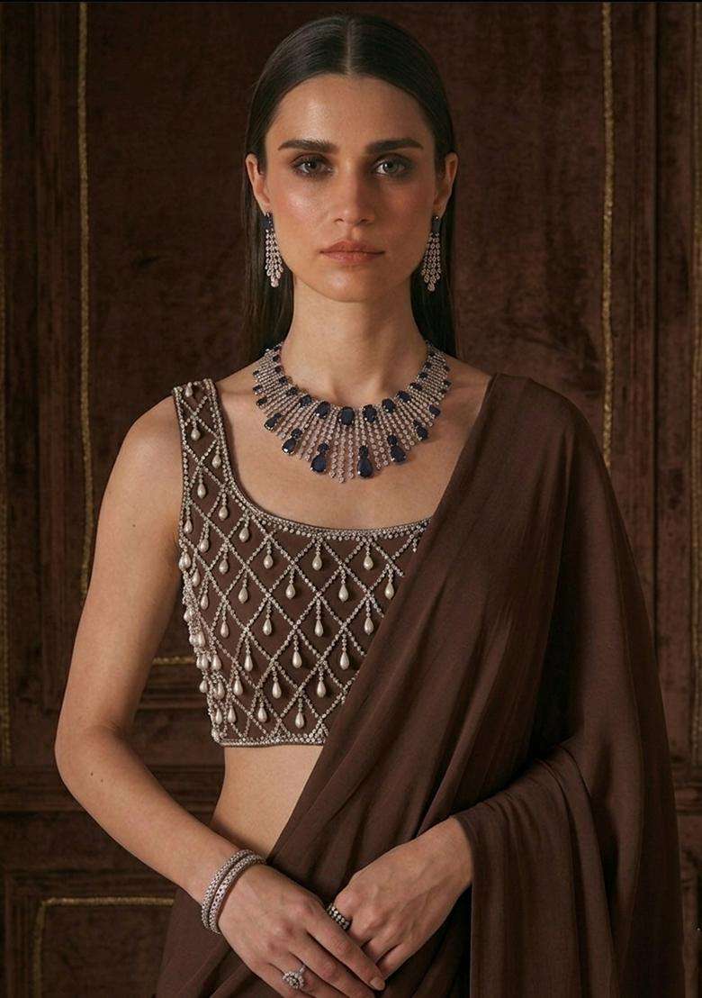 Chocolate Brown Embroidered Handwork Pre Draped Saree Set - Indya