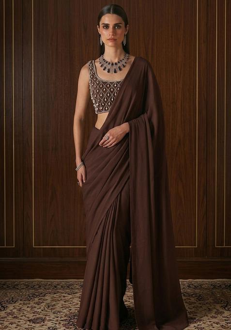 Chocolate Brown Georgette Handwork Pre Draped Saree Set