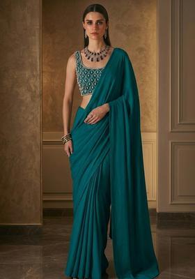 Peacock Teal Embroidered Handwork Pre Draped Saree Set